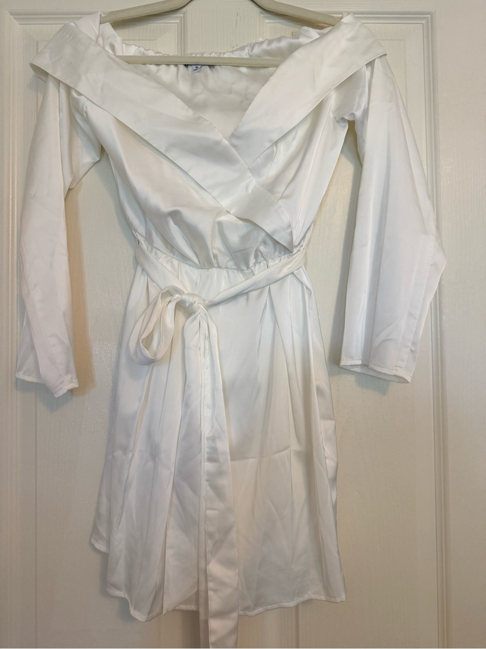 Fashion Nova White Off-Shoulder Wrap Mini Dress with Tie